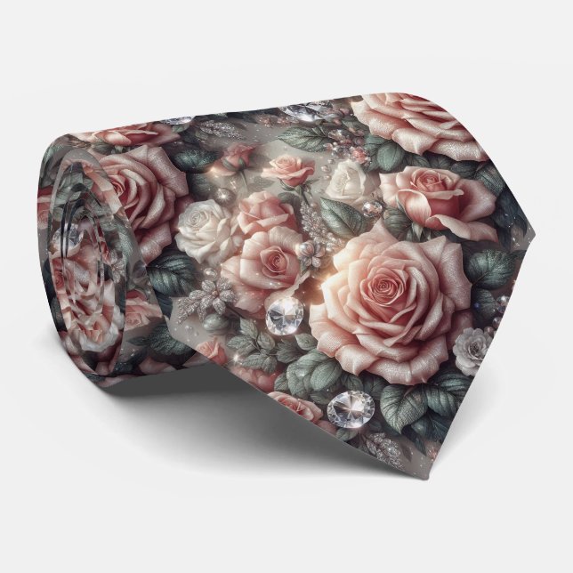 Luxury Wedding Neck Tie | Pink Roses & Diamonds (Rolled)