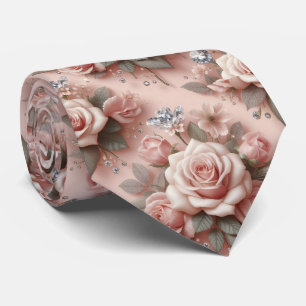 Luxury Wedding Neck Tie Pink Roses & Diamonds
