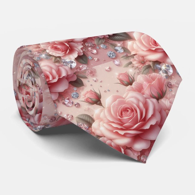 Luxury Wedding Neck Tie | Pink Roses & Diamonds (Rolled)