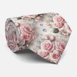 Luxury Wedding Neck Tie Pink Roses & Diamonds