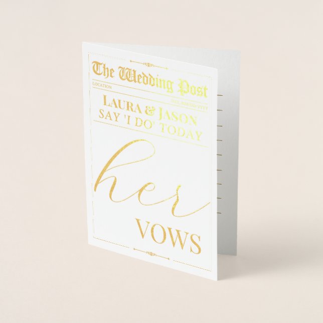 Luxury Wedding Newspaper Vows, Her Wedding Vows Foil Card (Front)