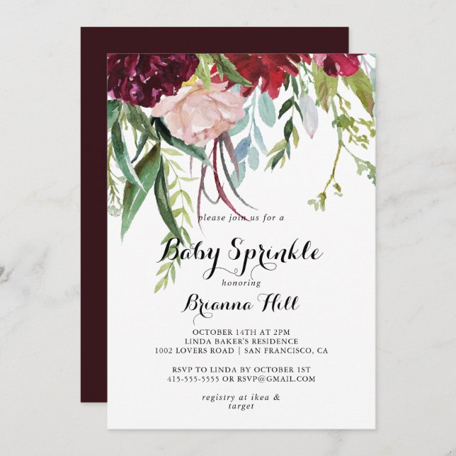 Luxury Whimsical Boho Floral Baby Sprinkle  Invitation (Front/Back)