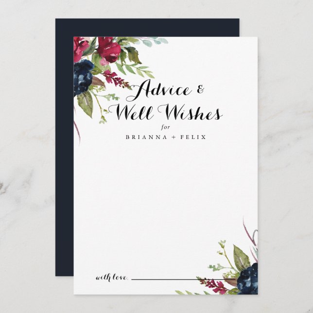 Luxury Whimsical Boho Floral Wedding Well Wishes  Advice Card (Front/Back)