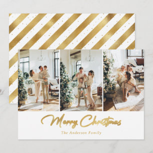 Luxury White and Gold 3 Photo Merry Christmas Holiday Card