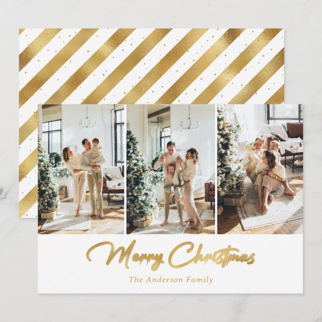 Luxury White and Gold 3 Photo Merry Christmas Holiday Card (Front/Back)