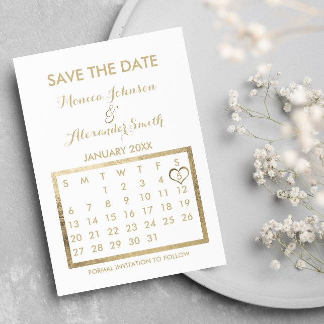 Luxury White and Gold Calendar Save the Date Announcement Postcard (Luxury White and Gold Calendar Save the Date )