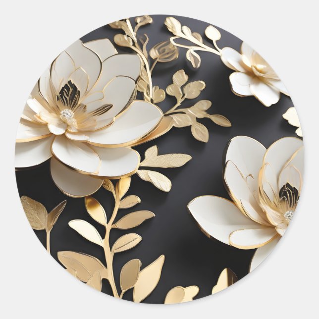 Luxury White and Gold Floral Classic Round Sticker (Front)