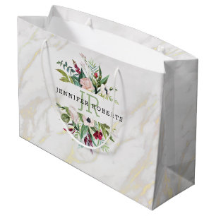 Luxury white and gold marble floral frame large gift bag