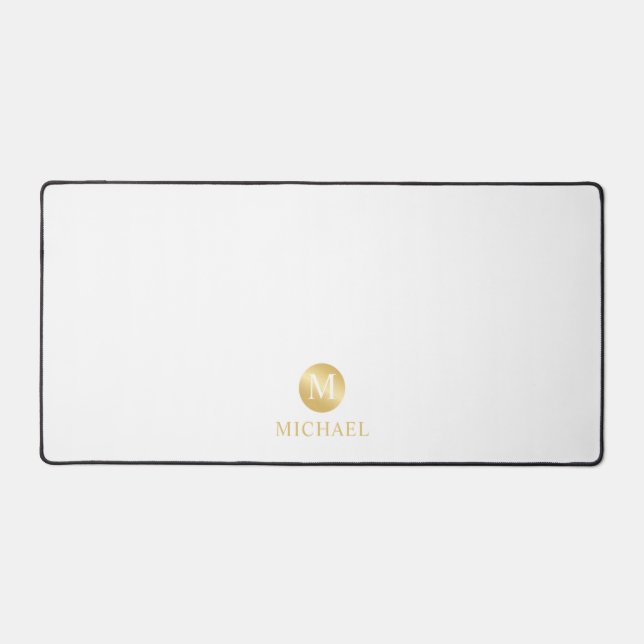 Luxury White and Gold Personalised Monogram Desk Mat (Front)