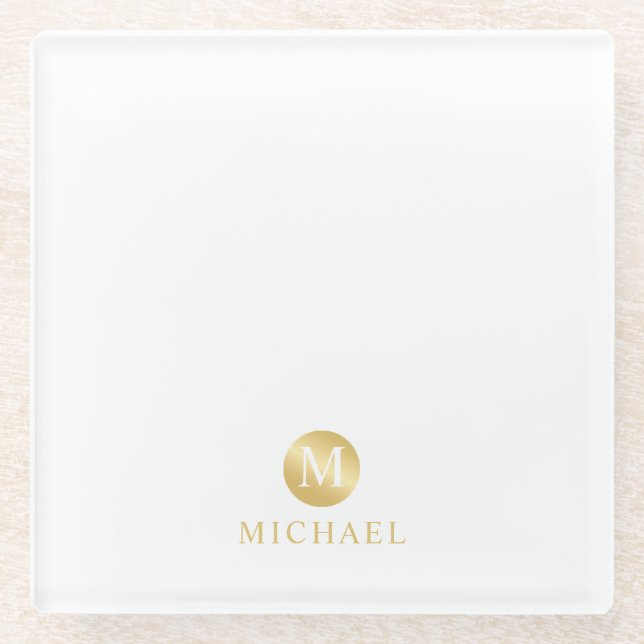 Luxury White and Gold Personalised Monogram Glass Coaster (Front)