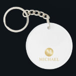 Luxury White and Gold Personalised Monogram Key Ring<br><div class="desc">Luxury White and Gold Design featuring white monogram in gold circle element with name in gold professional font style on white background. Perfect as father's day gifts for dad, gifts for grandfather, husband, groomsman and more. Please Note : The foil details are simulated in the artwork. No actual foil will...</div>