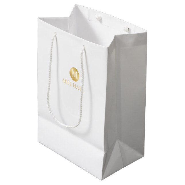 Luxury White and Gold Personalised Monogram Medium Gift Bag (Front Angled)