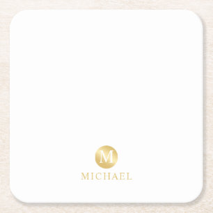 Luxury White and Gold Personalised Monogram Square Paper Coaster