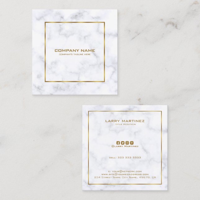 Luxury white and grey marble simple gold frame square business card (Front/Back)