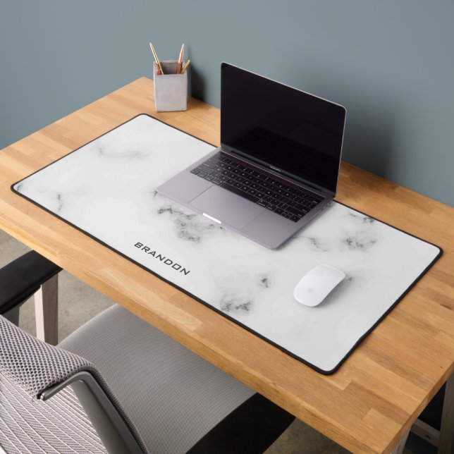 Luxury white and grey marble texture monogram desk mat (Office 2)