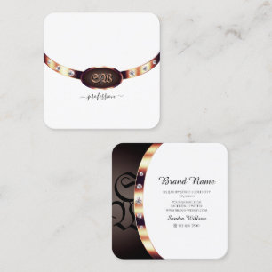 Luxury White and Rose Gold with Jewels Monogrammed Square Business Card