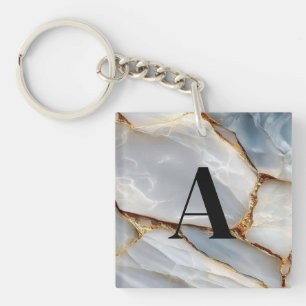 Luxury White Blue Marble & Gold Veins Agate Stone Key Ring