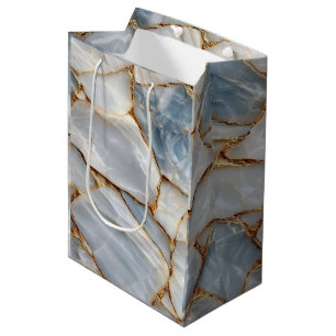 Luxury White Blue Marble & Gold Veins Agate Stone Medium Gift Bag