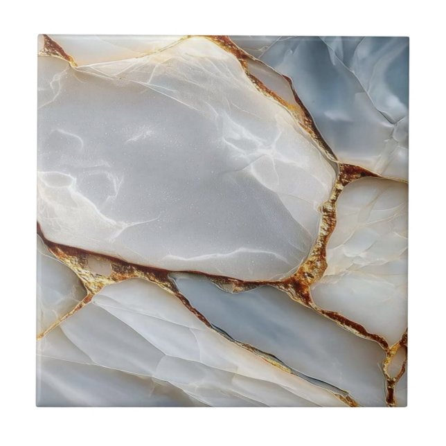 Luxury White Blue Marble & Gold Veins Agate Stone  Tile (Front)
