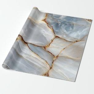 Luxury White Blue Marble & Gold Veins Agate Stone Wrapping Paper