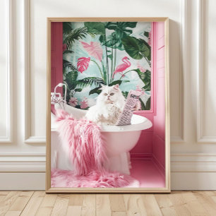 Luxury White Cat in Bathtub Print, Funny Bathroom Poster