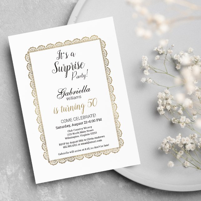 Luxury white chic gold floral lace Surprise Party  Invitation (Luxury white chic gold floral lace Surprise Party )