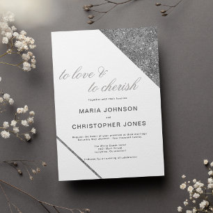 Luxury white classic script silver glitter wedding invitation