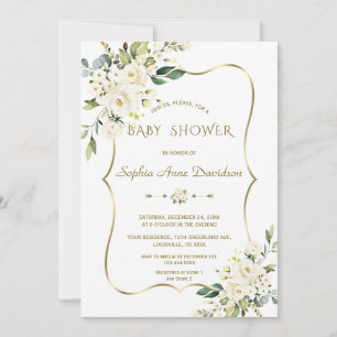Luxury White Cream Flowers Gold Baby Shower Invitation