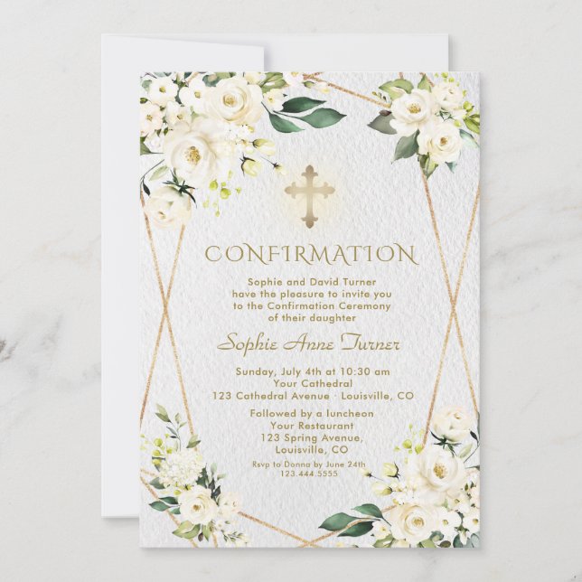Luxury White Cream Flowers Gold Girl Confirmation Invitation (Front)