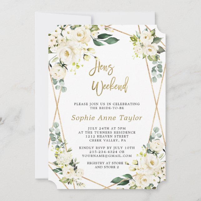 Luxury White Floral Gold Bachelorette Weekend Invitation (Front)