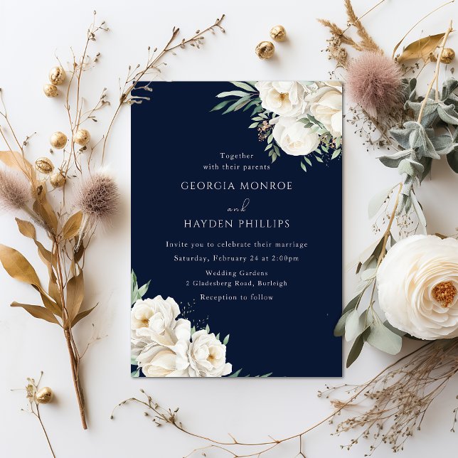 Luxury White Floral Premium Navy Wedding Invitation (Creator Uploaded)