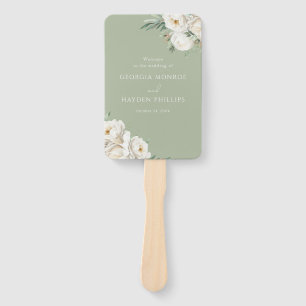 Luxury White Floral Premium Sage Wedding Program Hand Fan