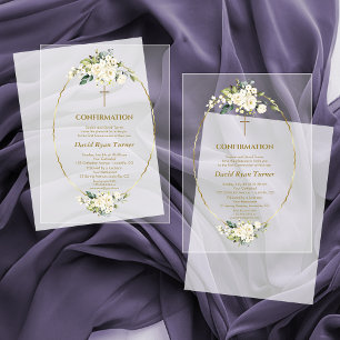Luxury White Flowers Gold Boy Confirmation Acrylic Invitations