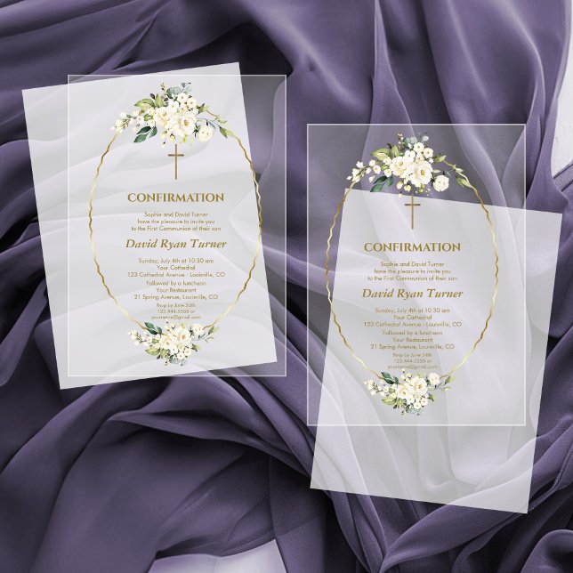 Luxury White Flowers Gold Boy Confirmation Acrylic Invitations (Creator Uploaded)