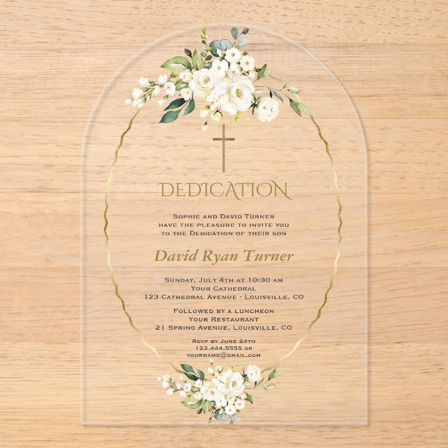Luxury White Flowers Gold Boy Dedication Acrylic Invitations (Front)