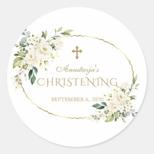 Luxury White Flowers Gold Christening Classic Round Sticker