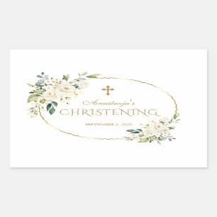 Luxury White Flowers Gold Christening Rectangular Sticker