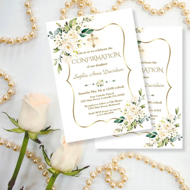 Luxury White Flowers Gold Cross Confirmation Invitation (elegant trendy modern white flowers confirmation invitation, floral gold confirmation invitation)