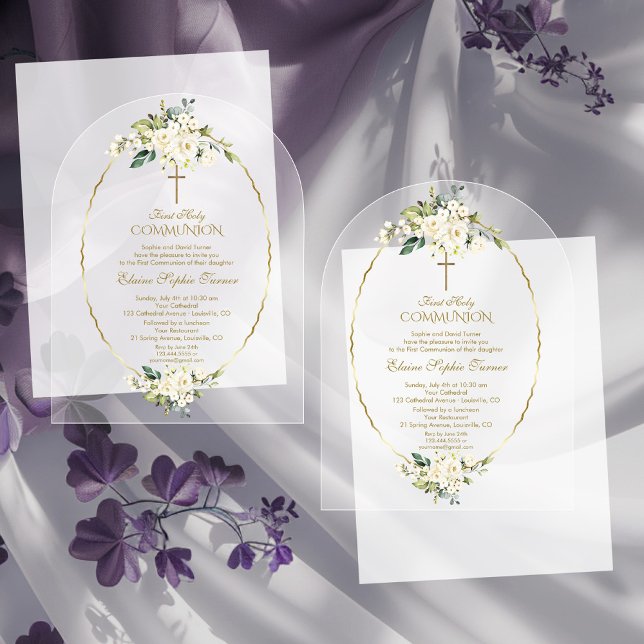 Luxury White Flowers Gold First Holy Communion Acrylic Invitations (Creator Uploaded)
