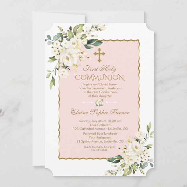Luxury White Flowers Gold First Holy Communion Invitation (Front)