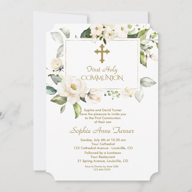 Luxury White Flowers Gold First Holy Communion Invitation (Front)