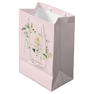 Luxury White Flowers Gold First Holy Communion Medium Gift Bag