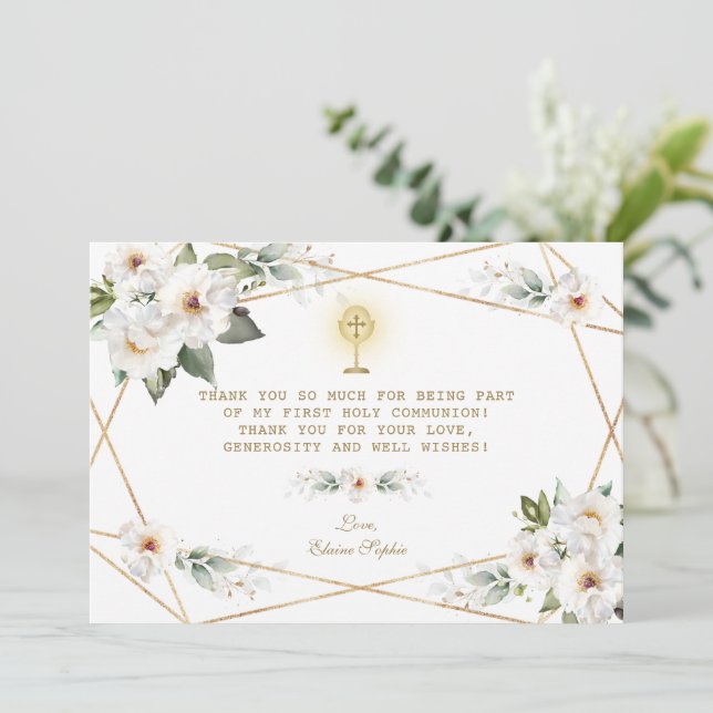 Luxury White Flowers Gold First Holy Communion Thank You Card (Standing Front)