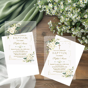 Luxury White Flowers Gold Glitter Frame Baptism Acrylic Invitations