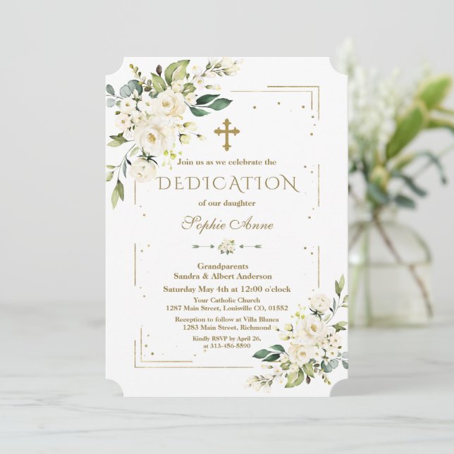 Luxury White Flowers Gold Glitter Frame Dedication Invitation (Standing Front)