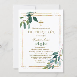 Luxury White Flowers Gold Glitter Frame Dedication Invitation