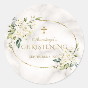 Luxury White Flowers Gold Marble Christening Classic Round Sticker