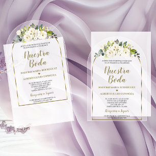 Luxury White Flowers Gold Spanish Nuestra Boda  Acrylic Invitations
