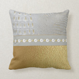 Luxury White Gold Alligator Hide and Pearls Cushion