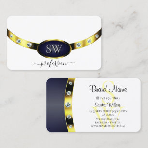 Luxury White Gold Blue with Monogram Professional Business Card